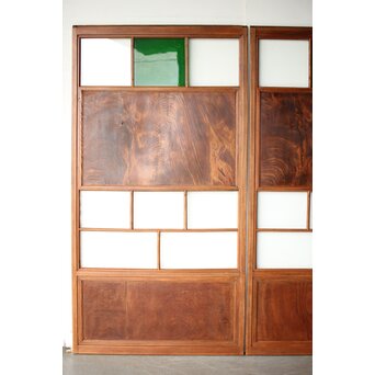 クリアと緑色ガラスの堅木建具 2枚1組　GD0237Y 