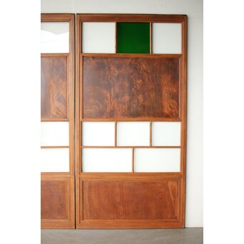 クリアと緑色ガラスの堅木建具 2枚1組　GD0237Y 