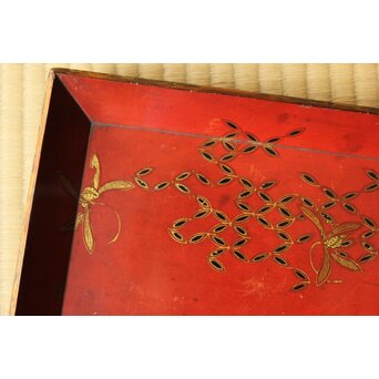 高麗張寛作 朱塗絵長方香盆　Q366 