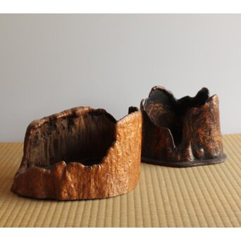 瘤木 自然木の刳貫瓶掛/煎茶盆 2枚1組　X469