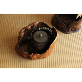 瘤木 自然木の刳貫瓶掛/煎茶盆 2枚1組　X469 