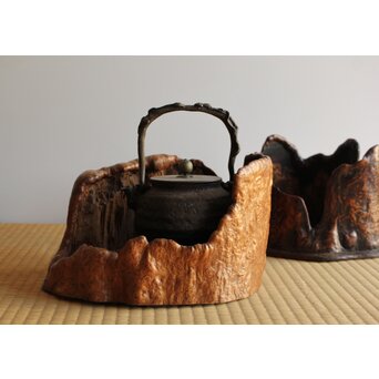 瘤木 自然木の刳貫瓶掛/煎茶盆 2枚1組　X469 