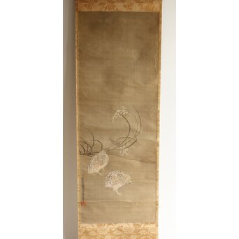 倣 土佐光成 鶉図 絹本掛軸　Z541