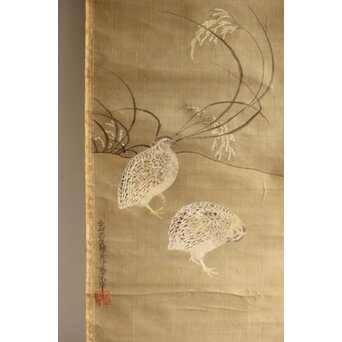 倣 土佐光成 鶉図 絹本掛軸　Z541 