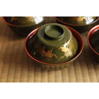 一朝銘 蒔絵椀20客 折鶴に松葉　Q367 