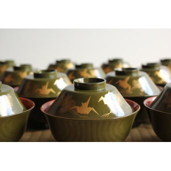 一朝銘 蒔絵椀20客 折鶴に松葉　Q367 