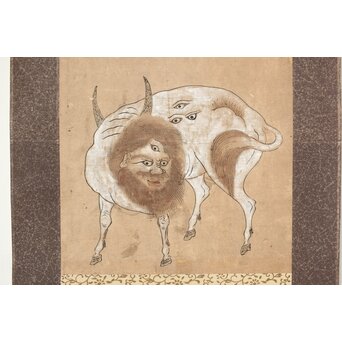 海禄 白澤避怪図 木版手彩 掛軸　Z544 