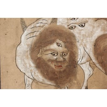 海禄 白澤避怪図 木版手彩 掛軸　Z544 