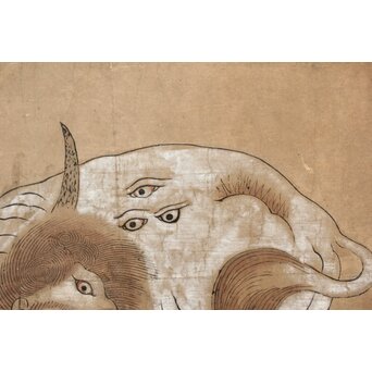 海禄 白澤避怪図 木版手彩 掛軸　Z544 