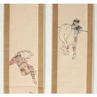 塩川文麟 四海太平図 風神雷神 紙本掛軸 対幅　Z545