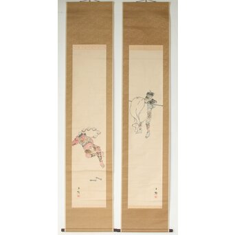 塩川文麟 四海太平図 風神雷神 紙本掛軸 対幅　Z545 