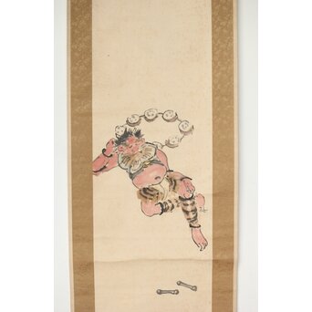 塩川文麟 四海太平図 風神雷神 紙本掛軸 対幅　Z545 