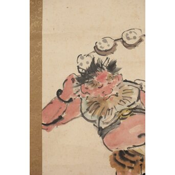 塩川文麟 四海太平図 風神雷神 紙本掛軸 対幅　Z545 