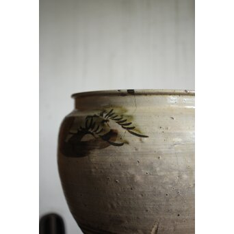 江戸時代 古武雄 鉄絵緑彩松岩文 水甕　P495 