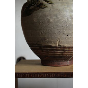 江戸時代 古武雄 鉄絵緑彩松岩文 水甕　P495 