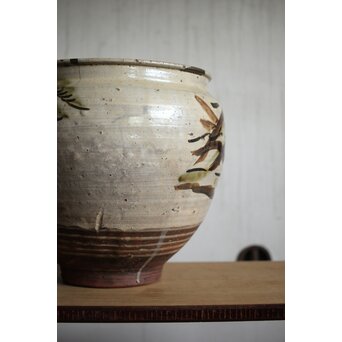 江戸時代 古武雄 鉄絵緑彩松岩文 水甕　P495 