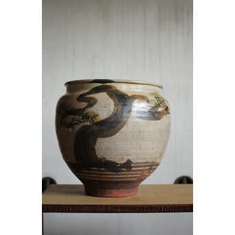 江戸時代 古武雄 鉄絵緑彩松岩文 水甕　P495 