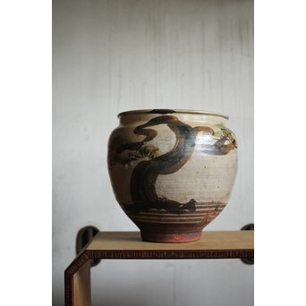 江戸時代 古武雄 鉄絵緑彩松岩文 水甕　P495 