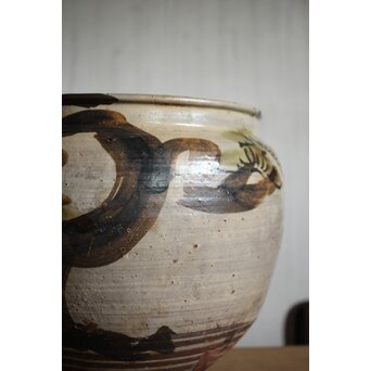 江戸時代 古武雄 鉄絵緑彩松岩文 水甕　P495 