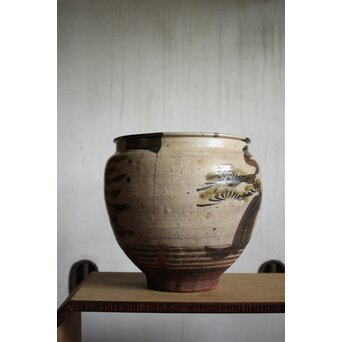 江戸時代 古武雄 鉄絵緑彩松岩文 水甕　P495 