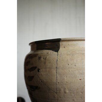 江戸時代 古武雄 鉄絵緑彩松岩文 水甕　P495 