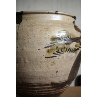 江戸時代 古武雄 鉄絵緑彩松岩文 水甕　P495 