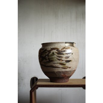 江戸時代 古武雄 鉄絵緑彩松岩文 水甕　P495 