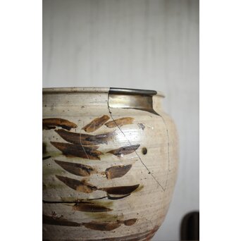 江戸時代 古武雄 鉄絵緑彩松岩文 水甕　P495 