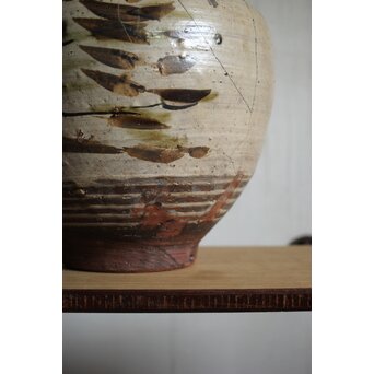 江戸時代 古武雄 鉄絵緑彩松岩文 水甕　P495 