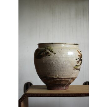 江戸時代 古武雄 鉄絵緑彩松岩文 水甕　P495 