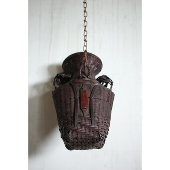 鈴木玩々斎 唐物写壺型耳付 懸花籠 竹籠　U362 