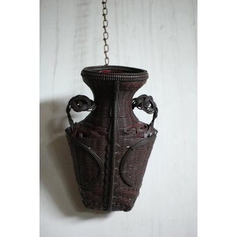 鈴木玩々斎 唐物写壺型耳付 懸花籠 竹籠　U362 