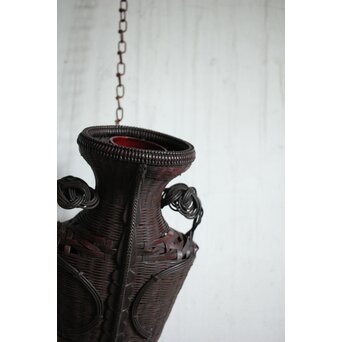 鈴木玩々斎 唐物写壺型耳付 懸花籠 竹籠　U362 