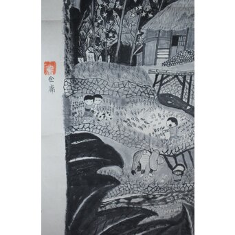 企庸 農村図 紙本掛軸　Z550 
