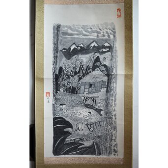 企庸 農村図 紙本掛軸　Z550 