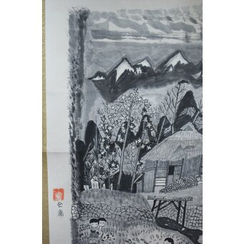 企庸 農村図 紙本掛軸　Z550 