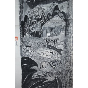 企庸 農村図 紙本掛軸　Z550 