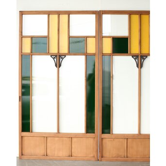 黄色と緑色ガラス建具 2枚1組　GD0243Y 