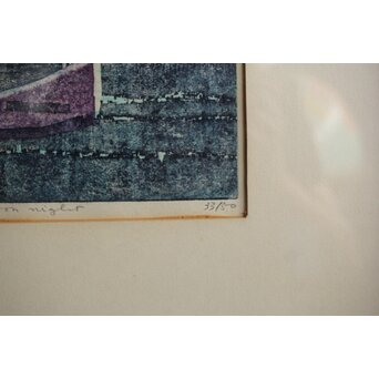 萩原英雄 月夜 木版画 額装　Z552 