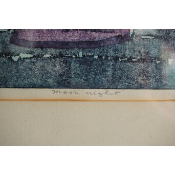 萩原英雄 月夜 木版画 額装　Z552 