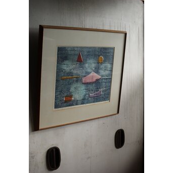 萩原英雄 月夜 木版画 額装　Z552 