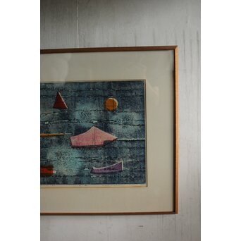 萩原英雄 月夜 木版画 額装　Z552 