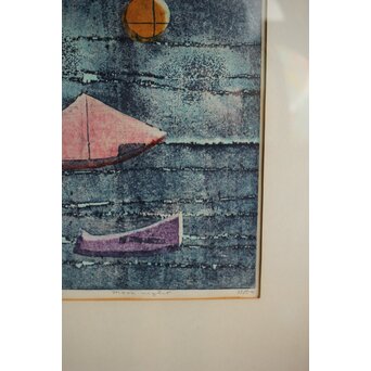 萩原英雄 月夜 木版画 額装　Z552 