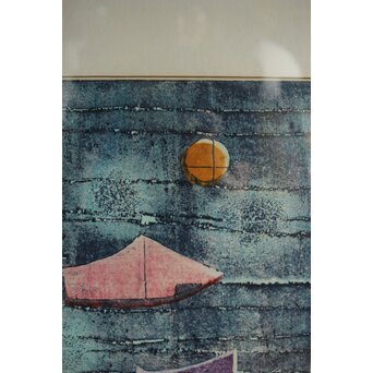 萩原英雄 月夜 木版画 額装　Z552 