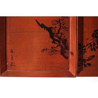 平安象彦造 今尾景年画 図替 桐溜柿合四方盆十客 共箱　Q368 