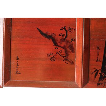 平安象彦造 今尾景年画 図替 桐溜柿合四方盆十客 共箱　Q368 