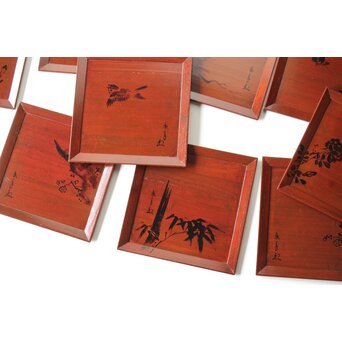 平安象彦造 今尾景年画 図替 桐溜柿合四方盆十客 共箱　Q368