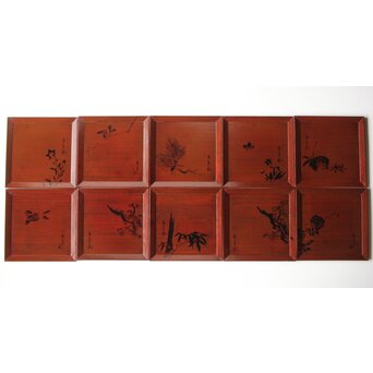 平安象彦造 今尾景年画 図替 桐溜柿合四方盆十客 共箱　Q368 