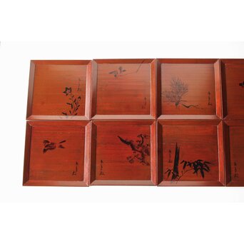 平安象彦造 今尾景年画 図替 桐溜柿合四方盆十客 共箱　Q368 