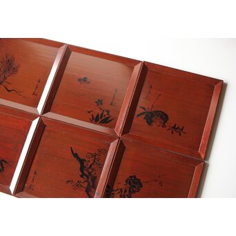 平安象彦造 今尾景年画 図替 桐溜柿合四方盆十客 共箱　Q368 